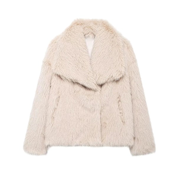 TRAFZA - Korte syntetisk skinnjakke for kvinner, tykk og varm langærmet jakke, ensfarget, elegant, trendy, vinterjakke apricot L