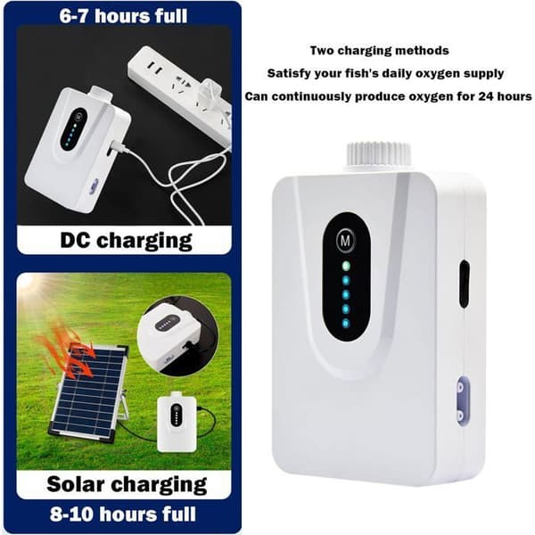 Solcelledrevne luftpumper, 6W damlufting med 6000mAh batteri, USB- og solcellelading, akvarieoksygenator