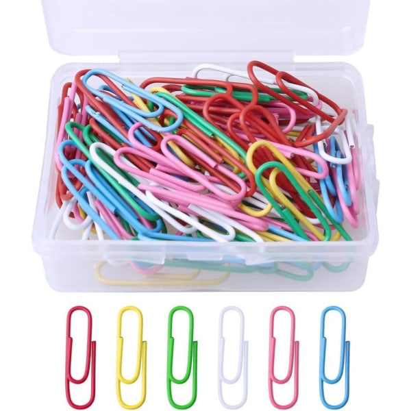 100 stk farvede papirclips, plastikbelagte metal papirclips papirclips klemmer med boks til kontorskolepapirdokument, (28 mm, assorteret farve)