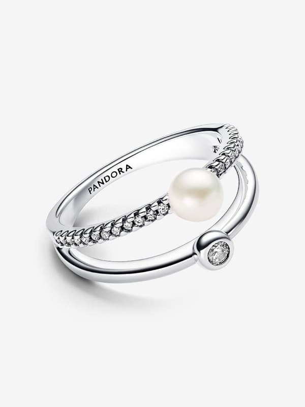 Pandora - Behandlad sötvattensodlad pärla & Pavé dubbelradig ring - Sterling silver Circumference: 50mm