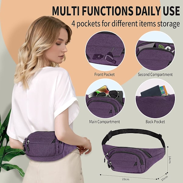 Bumbag, reseväska för damer, midjeväska för löpning och promenader, vattentät bumbag, crossbody justerbar lätt midjeväska (lila)