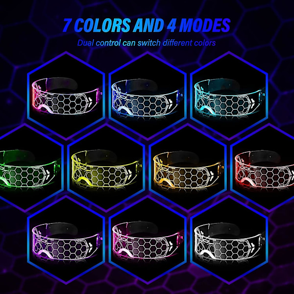 2 par LED Visor Briller Dual Control 7 Farger Og 4 Moduser Futuristiske Briller Lys Opp Briller Rave Briller Lysende Briller