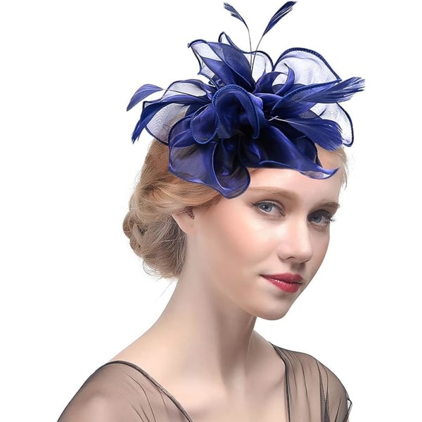 Fjer Fascinatorer til Kvinder og Piger Blomst Organza Derby Hat Ascot Hatte Elegant Cocktail Te Selskab Hat Hovedbeklædning med Klips & Hårbånd(Marineblå)