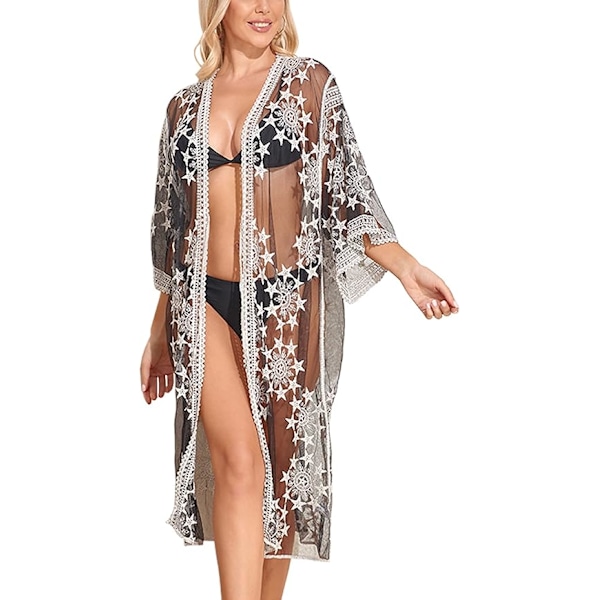 Kvinnors baddräkt Cover Up Baddräkt Kimono Lång Strandklänning Blomspets Bikini Badkläder Coverup Solskyddskläder black