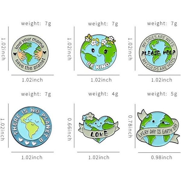 Brev Legering Brosch Kreativ 6 st Love Earth Slipstift Pins Miljöskydd Badge Emalj Badges Love The Planet Pins för Kläder/Ryggsäckar Dekoration