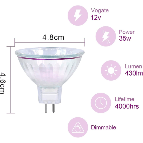 Halogenpære 35w Gu5.3 2-pinners sokkel, 12v 2700k varm hvit spotlight 36-strålevinkel 4000 timers levetid dimbar halogenpære dikroisk - 6-pakning