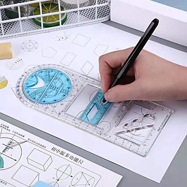 Multifunktionell geometrisk linjal Geometrisk ritmall Mätverktyg för skolmaterial Blue