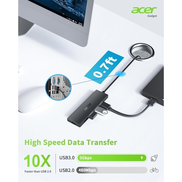 USB-keskitin, 4 porttia, useita USB 3.0 -keskittimiä, kannettavan tietokoneen USB-datakeskitin USB C -virralla, yksiporttinen kannettavan tietokoneen USB-jatke, Windows, Linux, Acer PC