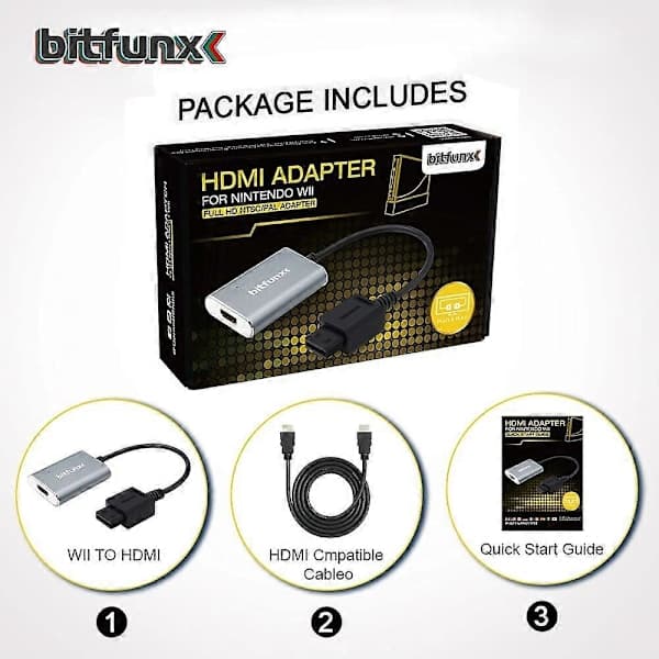 Bitfunx HDMI-adapter för Nintendo Wii NTSC PAL Retro Spelkonsoler HD-kabel Plug And Play