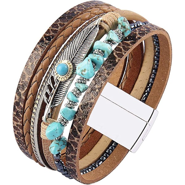 Dam läder manschett armband fjäder multi strand armband wrap armband turkos boho armband flätad läder armband bohemiska smycken gåvor