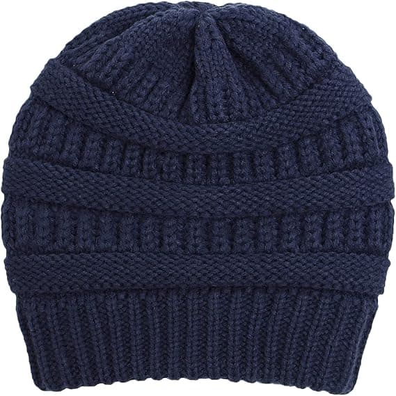 Vintervarm Stickad Mössa med Satinfoder Kabel Stickad Beanie Chunky Slouchy Skallehatt för Kvinnor Navy