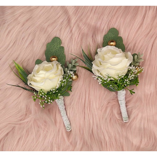 2 stk. Bryllups Boutonniere til Brudgom og Forlover Dragt Dekoration Kunstige Roser Knaphuls Blomster til Bryllup Prom Fest, Elfenben