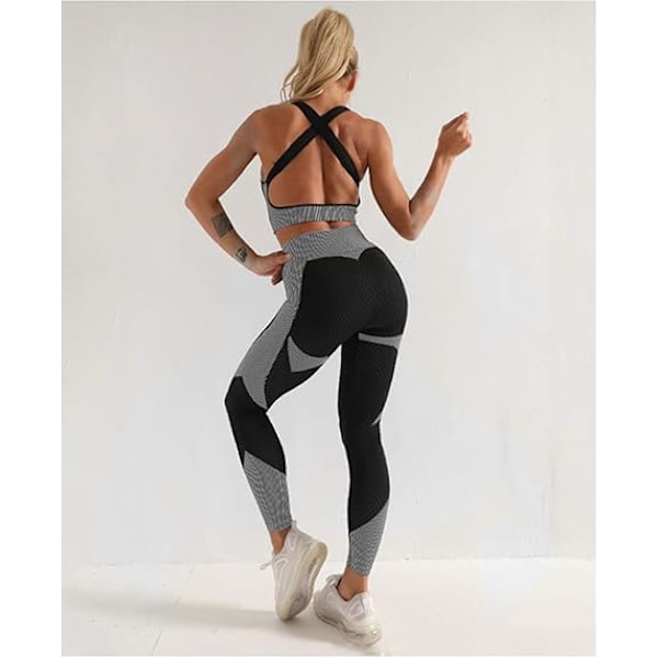 3 stk. træningstøj til kvinder, træningssæt til kvinder, fuldt sæt, træningsdragter, yoga, sportstøj, leggings og strækbar sports-bh, jumpsuits, tøjssæt BlackGrey L