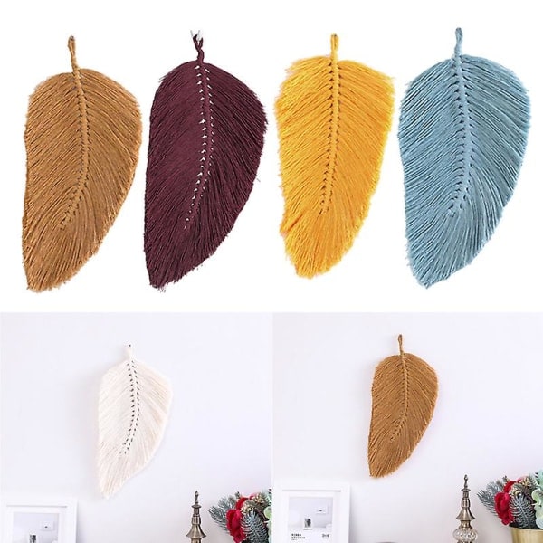 Macramé väggdekoration blad fjäder boho dekor bomullssnöre nordisk stil vävnad leksak barnrum tofsar dekor hem White