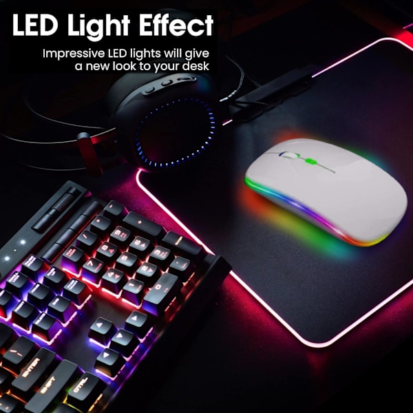 LED trådløs mus, slank genopladelig trådløs lydløs mus, 2.4G bærbar USB optisk trådløs computermus med USB-modtager til notesbog, pc, bærbar computer White