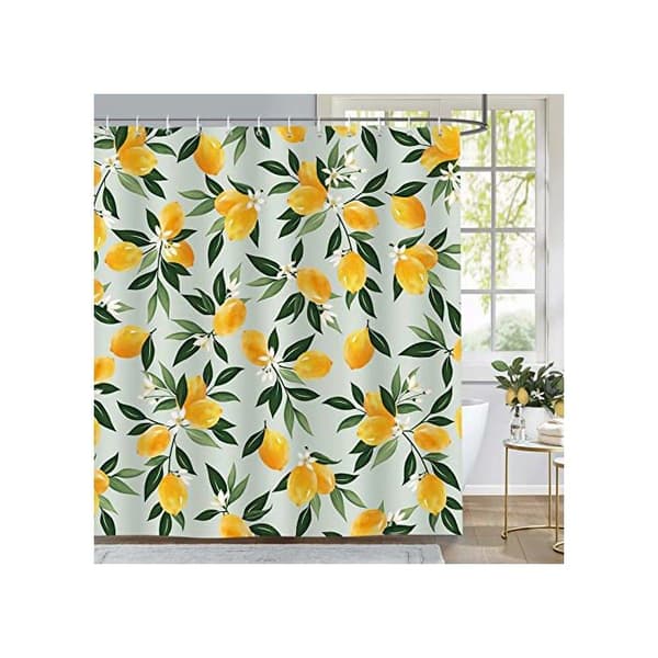 Sitronfrukt dusjforheng med grønne blader, 180 x 200 cm, dusjforheng i polyesterstoff med 12 kroker til badekar