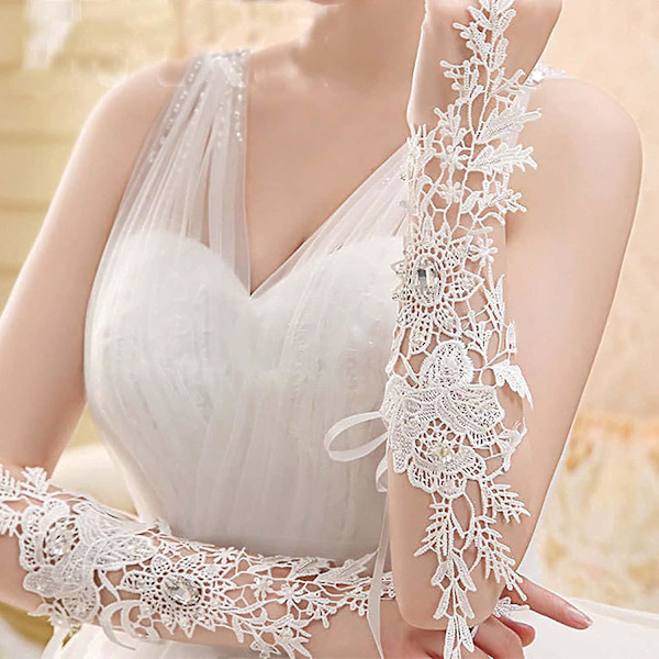 Liangnv Blonde Krystal Dame Bryllup Handsker Fingerless Albuelængde Brudehandsker Blomster Elfenbenshandsker Lange Handsker Bryllupstilbehør Til Brud - -