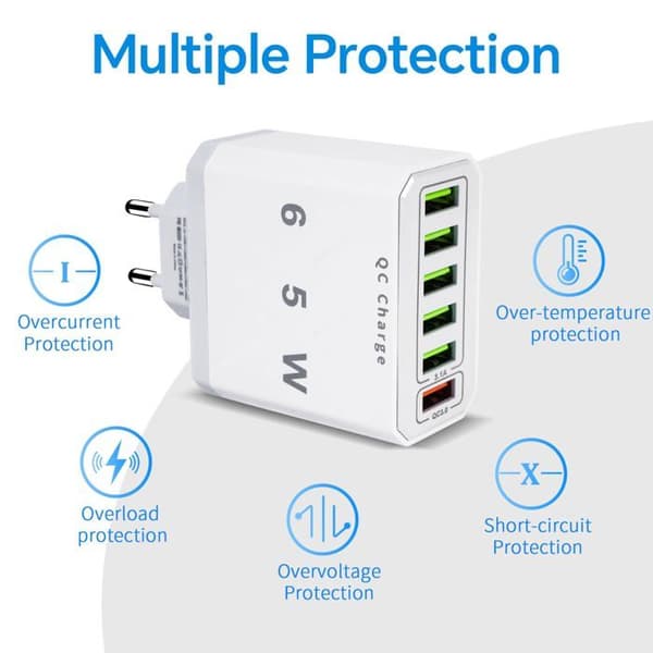 Multi-USB-laddare, 65W 6-portars USB-snabbladdare med QC 3.0 Smart Snabbladdare, Universal USB-A Strömadapter