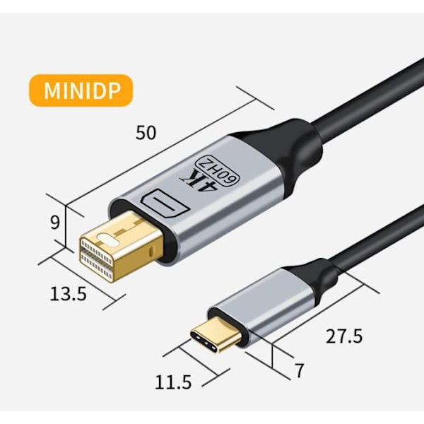 Videoprojektionskabel Type-C til HDTV/DP/MiniDP højopløsningskabel 4K60Hz, egnet til mobiltelefoner/skærme/tv'er/computere Type-C To MiniDP
