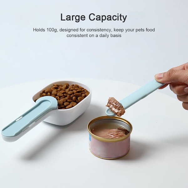 Sæt med 2 måleskeer til kæledyrsfoder, multifunktionel ske, 100 g kæledyrsfoder måleske, melske, kompostmåleske (hvid + brun)