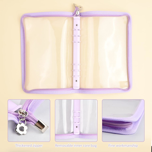 A5 Ringbind-omslag, gennemsigtig lynlåsbind-omslag, vandtæt løsbladsbind-lommer, PVC ringbind-beskyttere til bindlommer, fotokort, minikort purple A5