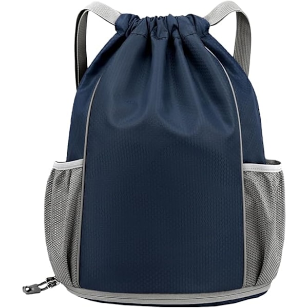 Gym Bag String Svømme PE Bag Sport Gym Drawstring Bag Vanntett Drawstring Sport Bag med Utvendig Glidelås for Sports Strandferier Svømming Reise Dark Blue