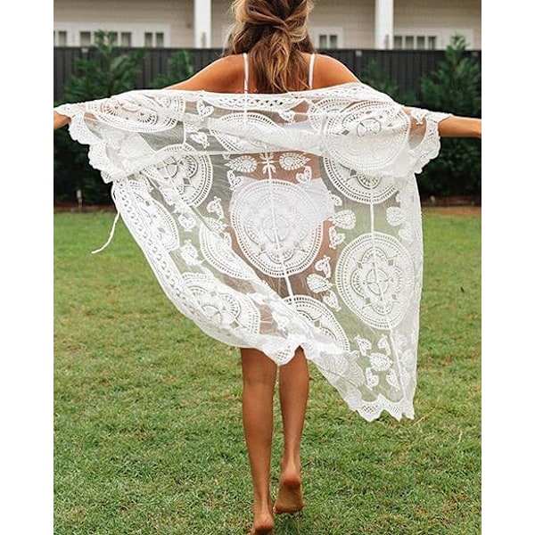 Kvinnors baddräkt Cover Up Baddräkt Kimono Lång Strandklänning Blommig Spets Bikini Badkläder Solskyddskläder White