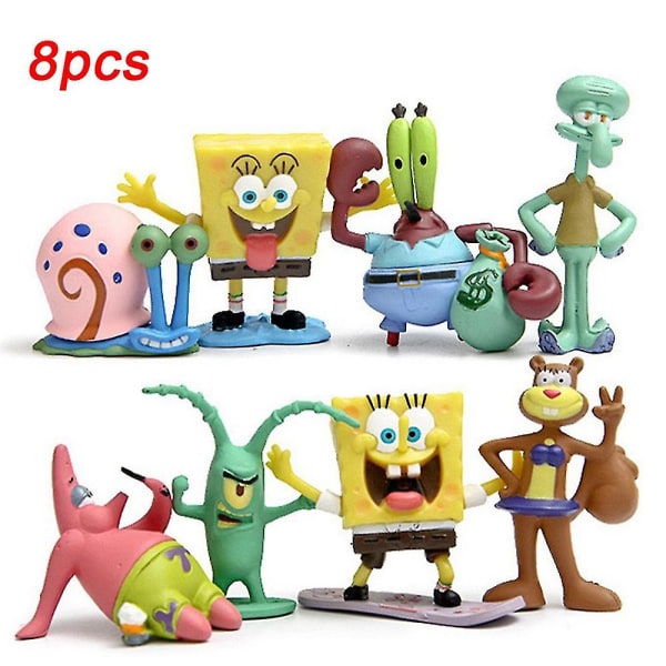 8 stk. Dekoration Legetøj SvampeBob Firkant Bukser Figurer Sæt Squidward, Sandy Cheeks, Patrick Star, Mr. Krabs, Plankton - Perfekt til børns fødselsdagskage til