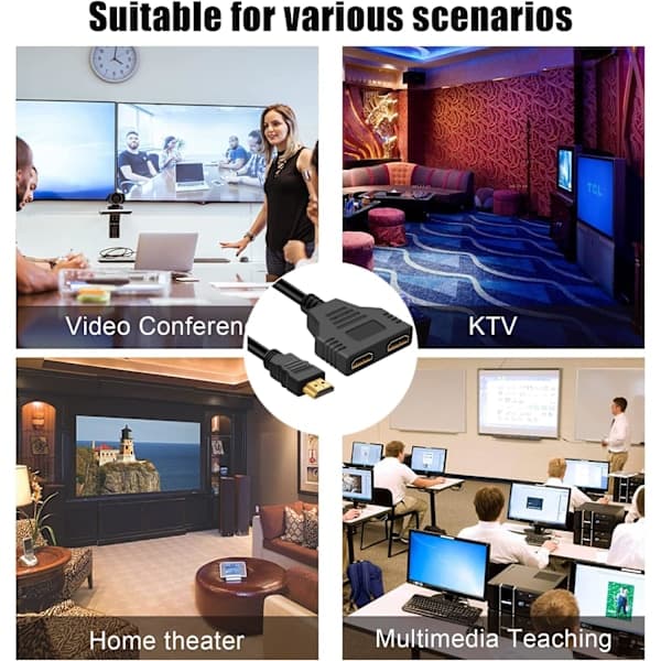 Dobbelt skærmsplitter, sort HDMI dobbeltadapter, HDMI-splitter