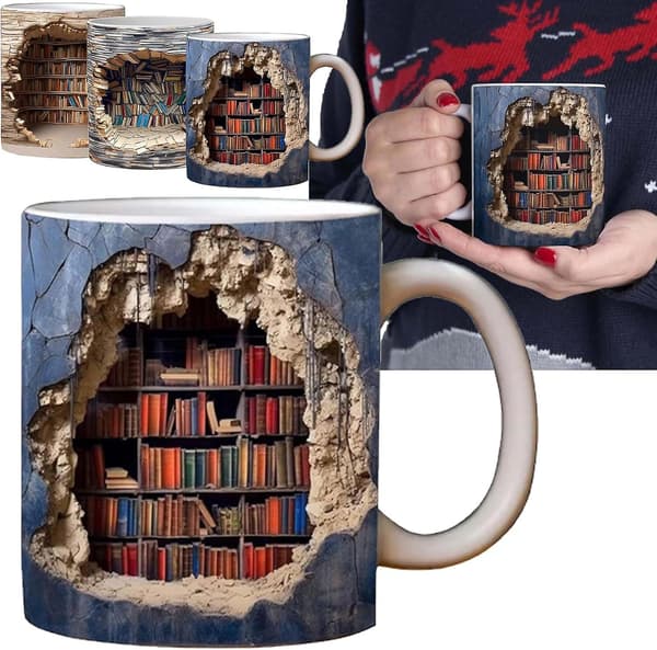 3D-bokhyllemugg, 3D-effektboksmuggar, kreativ rymddesign multifunktionell keramisk mugg, kaffemuggpresent till bokälskare A