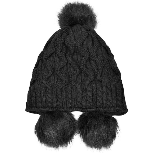 Dame Strikket Hue Vinter Varm Hue Hat med Pom Pom Bobble Hat Style med Vindtætte Øreklapper (Sort)