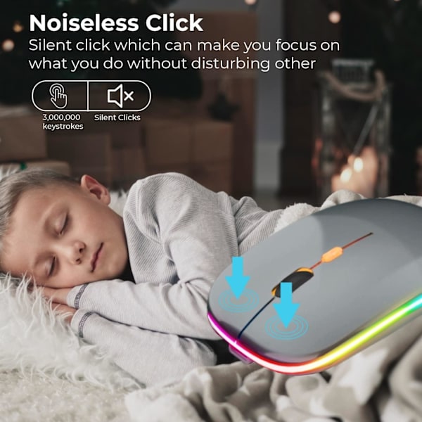 LED trådløs mus, slank genopladelig trådløs lydløs mus, 2.4G bærbar USB optisk trådløs computermus med USB-modtager til notesbog, pc, bærbar computer Dark Grey