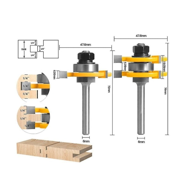 2 st 6 mm set T-spårfräs för träbearbetning T