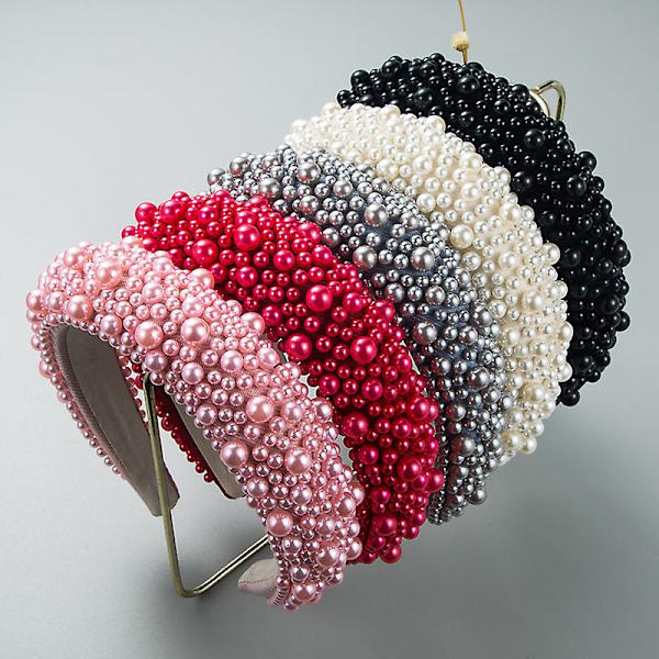Hvite perlehodebånd svart polstret pannebånd Rhinestones perler hårtilbehør design brede hårbånd pink