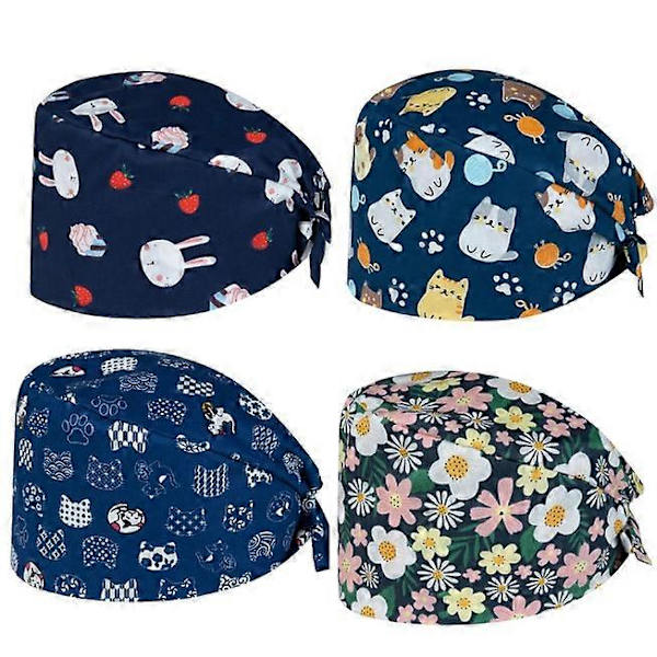4-pack Bouffant Hårnät, Andningsbara Justerbara Arbetsmössor, Unisex Tryckt Mössa för Personlig Vård, Flerfärgad och One size
