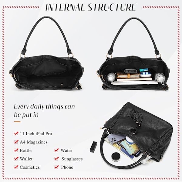 Dametasker, Frynset Shopper Taske Mode Crossbody Taske i PU Læder Håndtaske til Arbejde, Daglig Brug og Fester Black