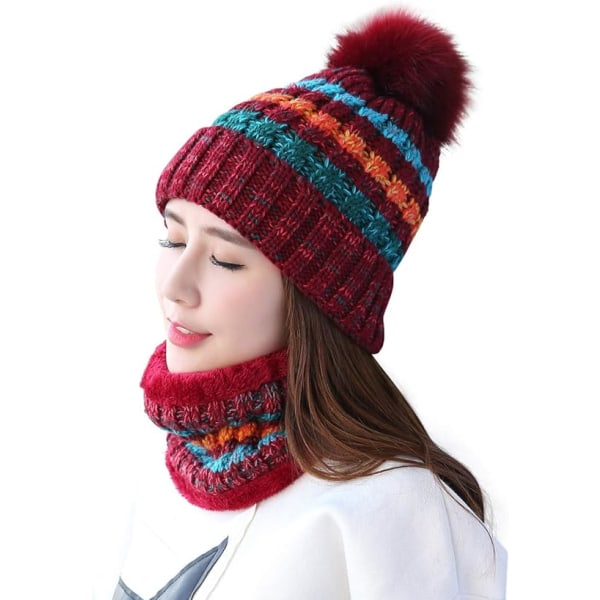 Vinterstrikket lue- og skjerfsett for kvinner, beanie med pompom Wine Red