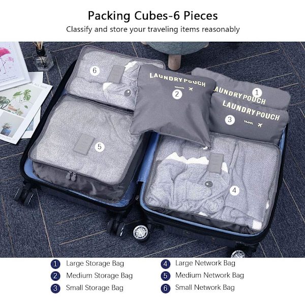 Reisearrangør Pakkeposer, 6 PCS Reisepakkekuber Sett for Klær Reisebagasje Organisasjonsposer Oppbevaringsposer Grey
