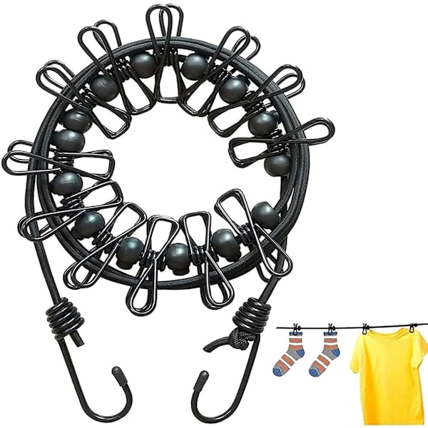 Bærbar Reiseklessnor - Justerbar Elastisk Reise Camping Retractable Klessnor med 12 stk Klips for ferier, reiser, camping, utendørs balkong