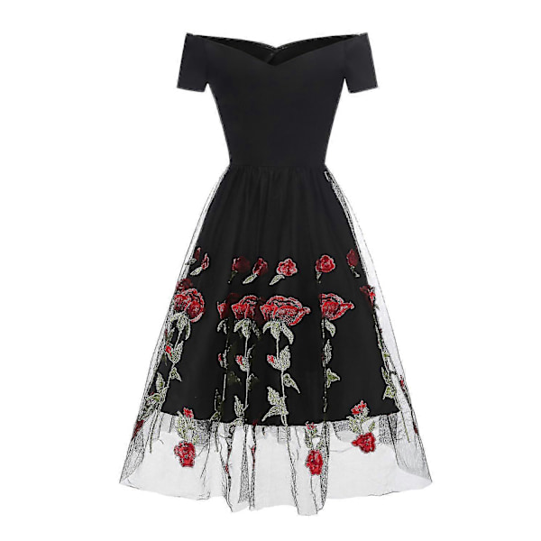 Kvinnors spetsnätros med broderade blommor, V-ringad kort kvällsklänning