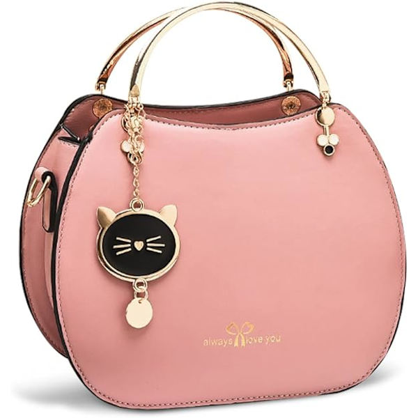 Dammode Handväska med Topphandtag, Axelremsväska, Runda Axelväska för Flickor och Kvinnor, PU-Läder Messenger Bag, Söt Handväska med Kattberlock Pink