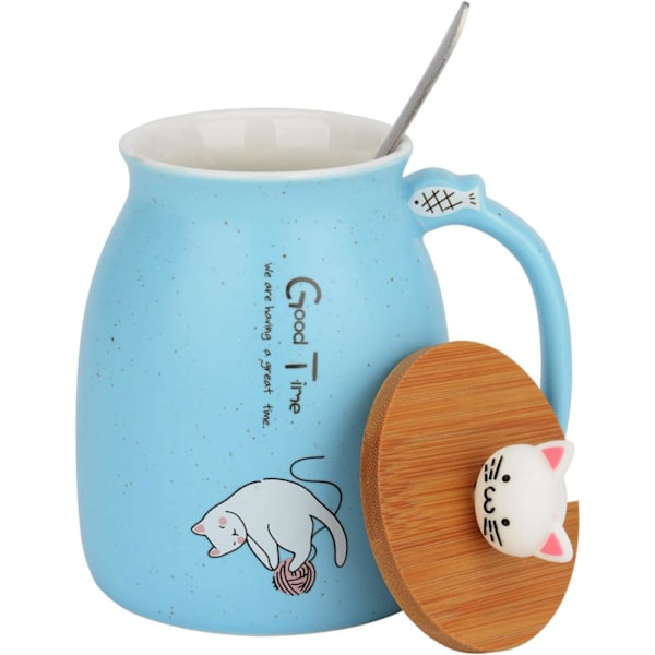 Kattekop Mug Sød Keramisk Killing Kaffe Kop med Skøn Killing Låg Rustfrit Stål Ske til Kaffe Te Mælk 380ML Te Mælk Julekop til Kvinder (Blå)