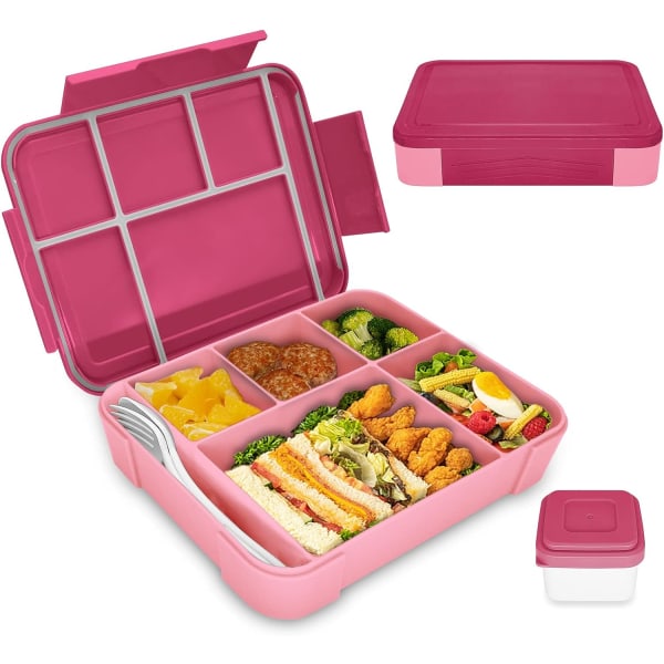 Bento-lounaslaatikko lapsille, Bento Box -lounaslaatikko aikuisille, 5 lokeroa ja 1 salaattikastike, välipalalaatikko lapsille ja aikuisten työkoulu