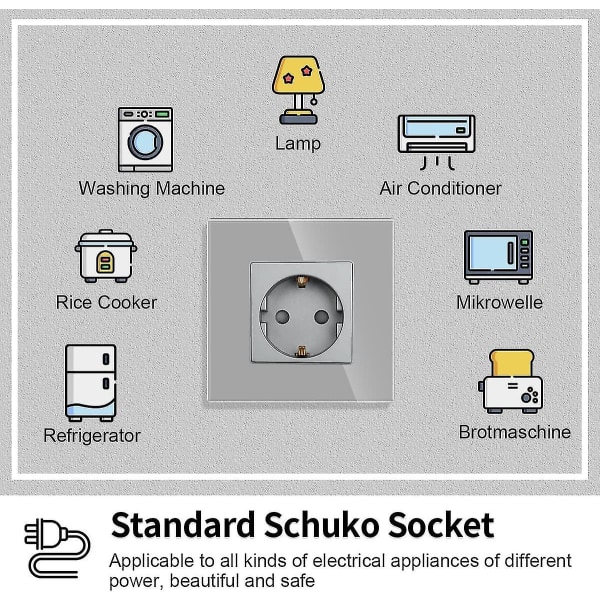 Einzelsteckdose In Grau, 16amp Glas Schuko Steckdosen Unterputz Schutzkontakt Wandsteckdose-86mm, 250v, 1 Fach (hy)