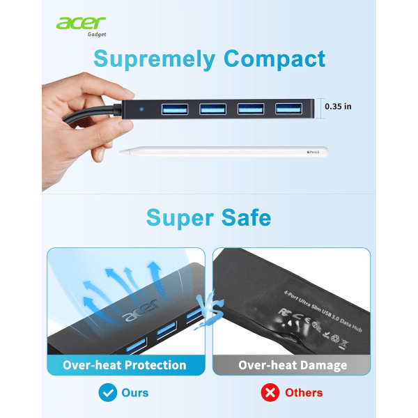 USB-keskitin, 4 porttia, useita USB 3.0 -keskittimiä, kannettavan tietokoneen USB-datakeskitin USB C -virralla, yksiporttinen kannettavan tietokoneen USB-jatke, Windows, Linux, Acer PC