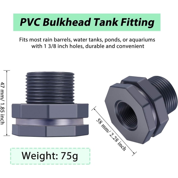 2 stk PVC gjennomføringsbeslag for regntønner, akvarier, vanntanker (3/4 tommer)