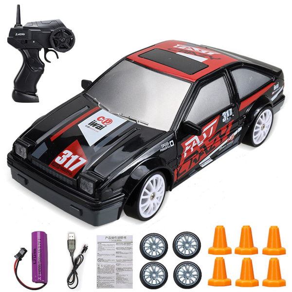 Liukuva pieni AE86 kauko-ohjattava auto 4WD kilpa-auto, ladattava huippunopeudella toimiva lasten lelu, Auto GTR lelu - Black Graffiti - Black and Red