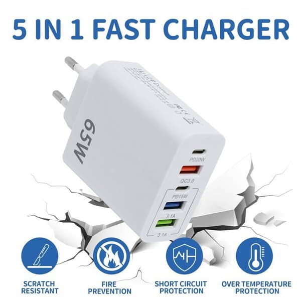 Snabb USB-C-laddare, 65W 5-portars Multi-USB-kontakt, QC3.0 Snabbladdare Multi-adapter