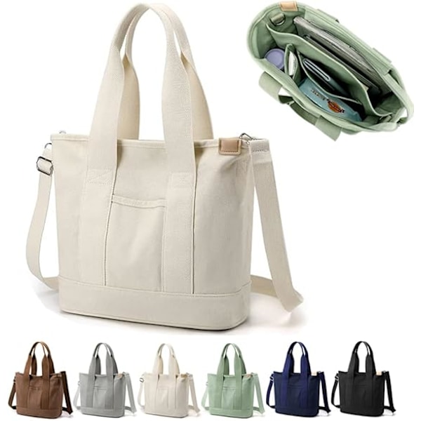 Multi-Pocket Tote Bag med dragkedja, Canvas Handgjord Handväska med fack, Multifunktion Satchels Bag för kvinnor Damer Univisity Skola Arbete Resor White - Medium