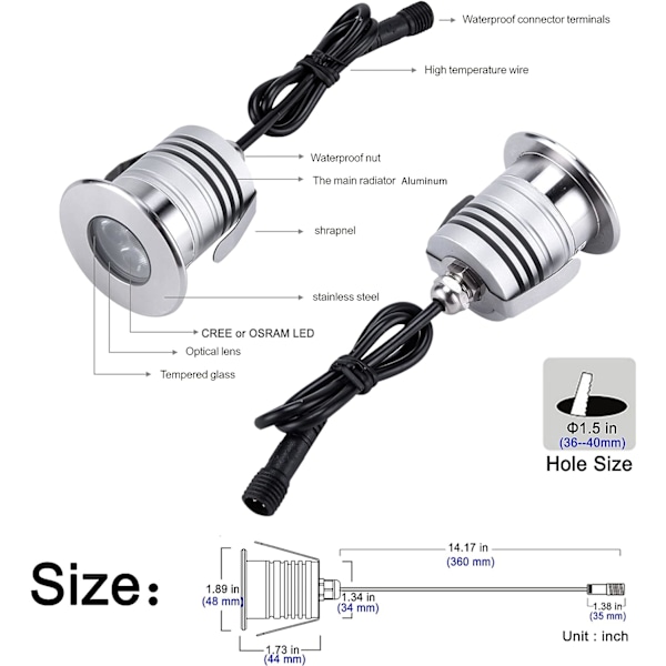 LED-undervattenspoollampor, 3W, 12V-24V DC, IP70 vattentät, rostfritt stål aluminium, för inground pooler trappor dammar fontäner